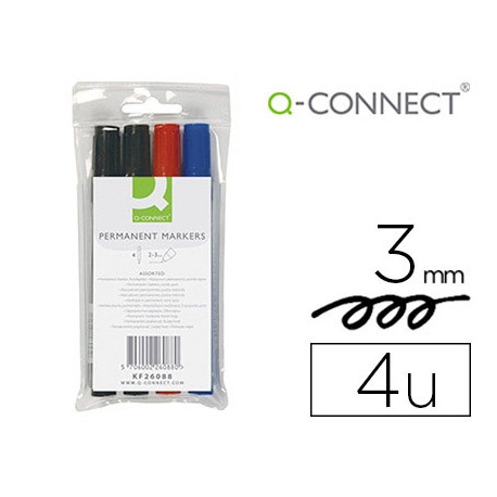 ROTULADOR Q-CONNECT MARCADOR PERMANENTE ESTUCHE DE 4 COLORES SURTIDOS PUNTA REDONDA 3.0 MM