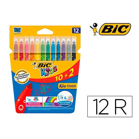 ROTULADOR BIC KIDS COULEUR ESTUCHE DE 10+2 COLORES TINTA BASE DE AGUA LAVABLE