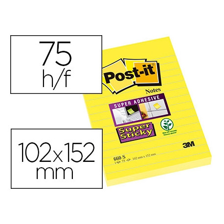 BLOC DE NOTAS ADHESIVAS QUITA Y PON POST-IT SUPER STICKY RAYADO AMARILLO ULTRA 102X152 MM BLOC DE NOTAS ADHESIVAS QUITA Y PON POST-IT SUPER STICKY RAYADO AMARILLO ULTRA 102X152 MM