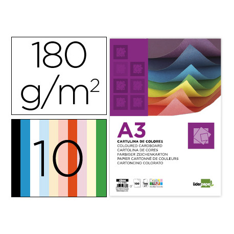 CARTULINA LIDERPAPEL A3 180G/M2 10 COLORES SURTIDOS 