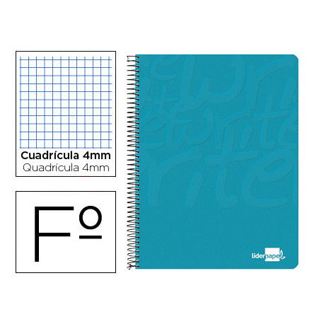 CUADERNO ESPIRAL LIDERPAPEL FOLIO WRITE TAPA BLANDA 80H 60GR CUADRO 4MM CON MARGEN COLOR TURQUESA