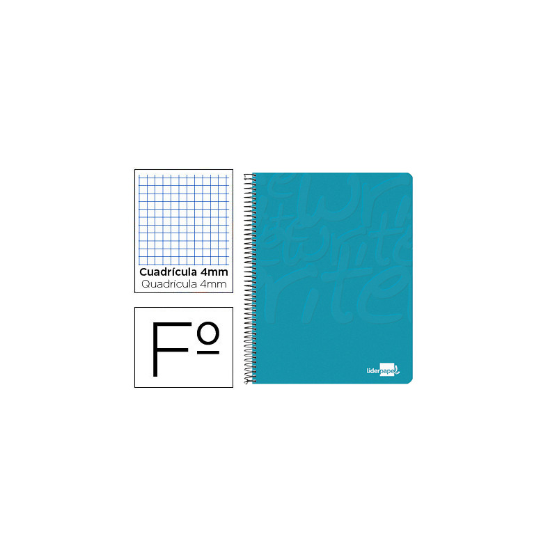 CUADERNO ESPIRAL LIDERPAPEL FOLIO WRITE TAPA BLANDA 80H 60GR CUADRO 4MM CON MARGEN COLOR TURQUESA