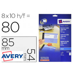 TARJETA DE VISITA AVERY BLANCA MATE 85X54 MM IMPRIMIBLE DOBLE CARA PARA INK-JET 260 GR PACK DE 80