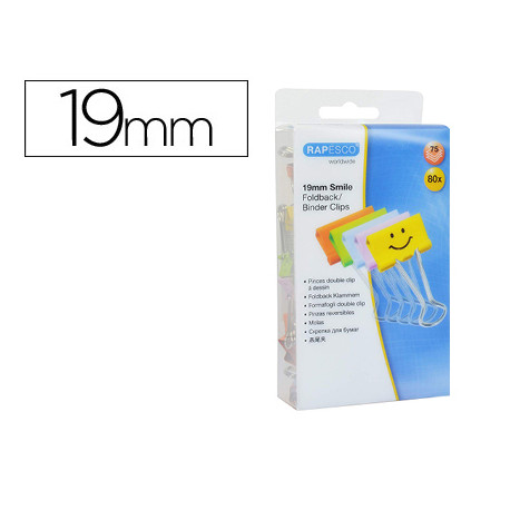 PINZA METALICA RAPESCO REVERSIBLE 19 MM SONRISAS COLORES SURTIDOS CAJITA DE 80 UNIDADES