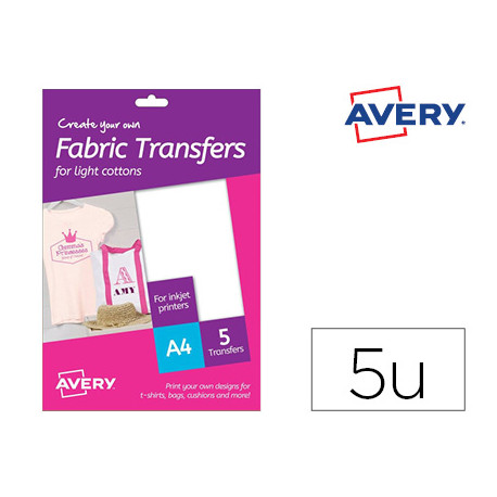 PAPEL TRANSFER AVERY PARA CAMISETAS ALGODON COLOR BLANCO INK-JET DIN A4 PACK DE 8 HOJAS