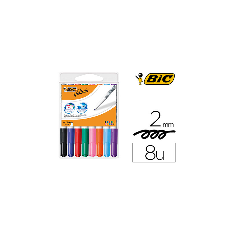 ROTULADOR BIC VELLEDA PARA PIZARRA PUNTA REDONDA 2 MM BOLSA DE 8 UNIDADES COLORES SURTIDOS