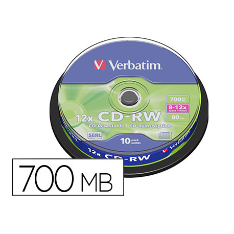 CD-RW VERBATIM SERL CAPACIDAD 700MB VELOCIDAD 12X 80 MIN CD-RW VERBATIM SERL CAPACIDAD 700MB VELOCIDAD 12X 80 MIN