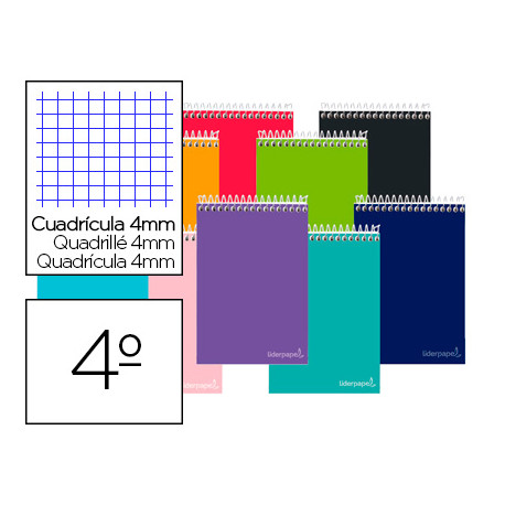 CUADERNO ESPIRAL LIDERPAPEL BOLSILLO DOCEAVO APAISADO SMART TAPA BLANDA 80H 60GR CUADRO 4MM COLORES 