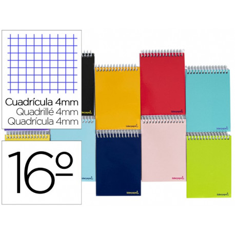 CUADERNO ESPIRAL LIDERPAPEL BOLSILLO DIECISEAVO APAISADO SMART TAPA BLANDA 80H 60GR CUADRO 4MM COLOR