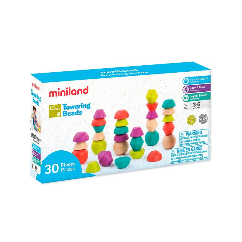 JUEGO MINILAND TOWERING BEADS PIEZAS DE MADERAS PARA TRABAJAR LA LOGICA