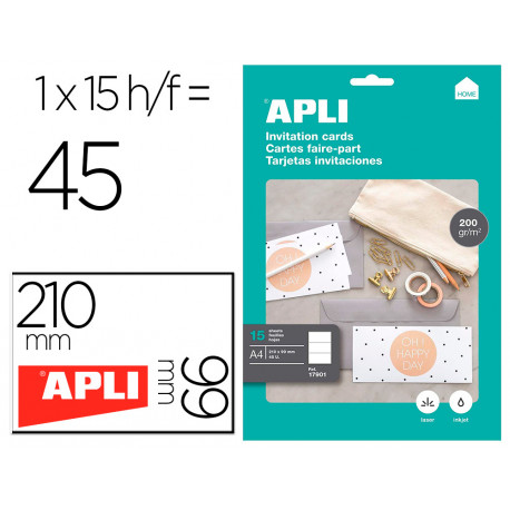 TARJETA DE VISITA APLI INVITACION HOGAR 210X99 MM 200 GR BLANCA BOLSA DE 15 HOJAS DIN A4 TARJETA DE VISITA APLI INVITACION HOGAR 210X99 MM 200 GR BLANCA BOLSA DE 15 HOJAS DIN A4