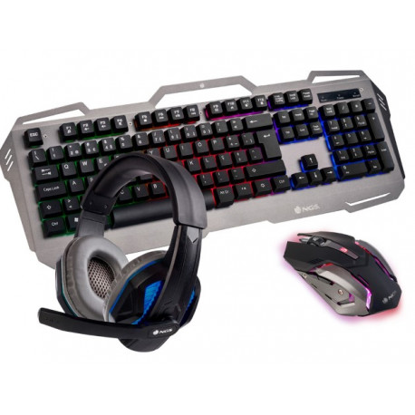 SET TECLADO Y RATON NGS PACK GAMING GBX-1500 CON AURICULAR ESTEREO Y MICROFONO ILUMINACION LED USB