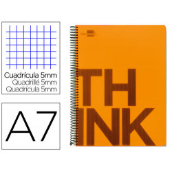 BLOC ESPIRAL LIDERPAPEL A7 MICRO THINK TAPA POLIPROPILENO 100H 70G CUADRO 5MM 4 BANDAS. NARANJA
