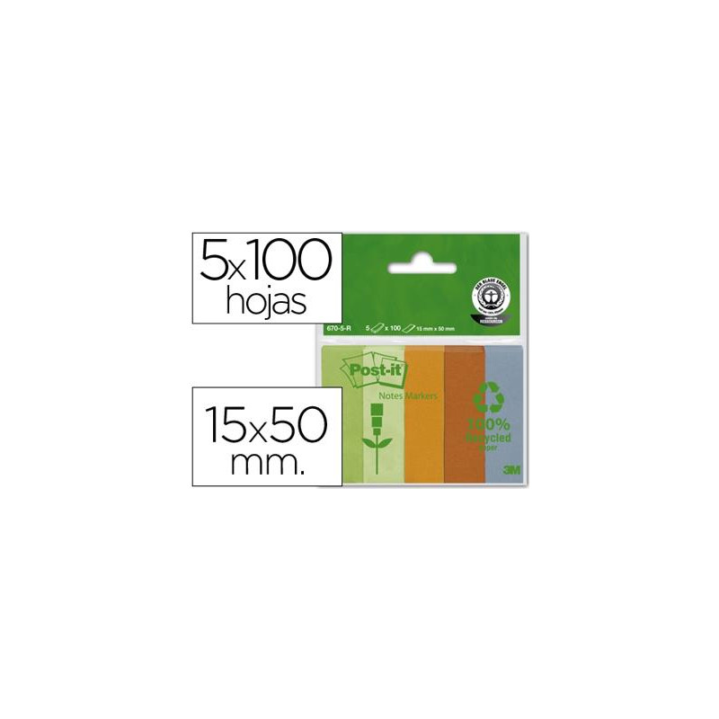 BLOC DE NOTAS ADHESIVAS QUITA Y PON RECICLADAS POST-IT 15X50MM VERDE-NARANJA- MANDARINA-AZUL VERDE C