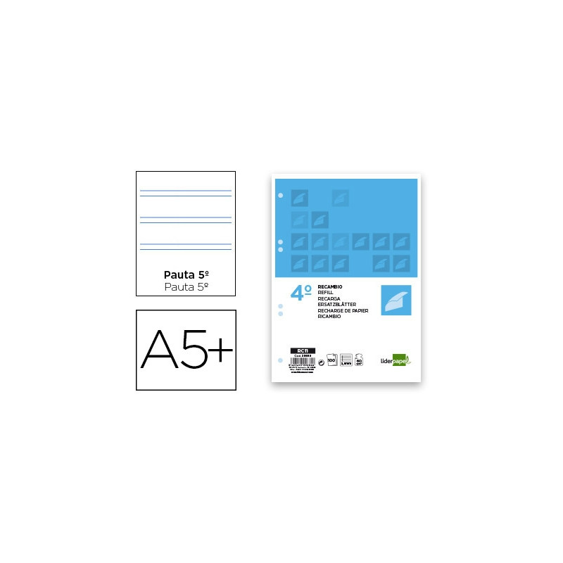RECAMBIO LIDERPAPEL CUARTO 100 HOJAS 60G/M2 PAUTA 5¬ 2.5MM CON MARGEN 6 TALADROS