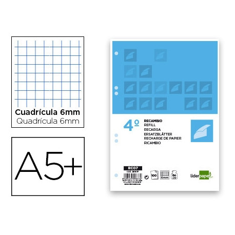 RECAMBIO LIDERPAPEL CUARTO 100 HOJAS 60G/M2 CUADRO 6MM CON MARGEN 6 TALADROS RECAMBIO LIDERPAPEL CUARTO 100 HOJAS 60G/M2 CUADRO 6MM CON MARGEN 6 TALADROS