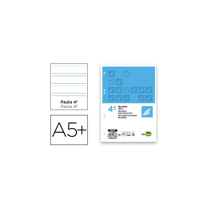 RECAMBIO LIDERPAPEL CUARTO 100 HOJAS 60G/M2 PAUTA 4¬ 3.5MM CON MARGEN 6 TALADROS