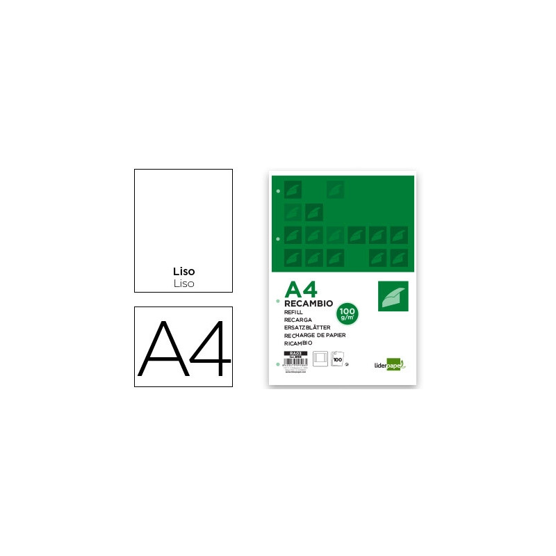 RECAMBIO LIDERPAPEL A4 100 HOJAS 100G/M2 LISO 4 TALADROS DOBLE MARGEN