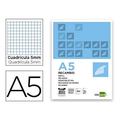RECAMBIO LIDERPAPEL A5 120 HOJAS 75G/M2 CUADRO 5MM SIN MARGEN 6 TALADROS BANDAS DE 5 COLORES