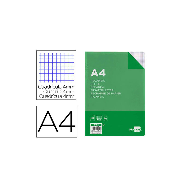 RECAMBIO LIDERPAPEL A4 100 HOJAS 60G/M2 CUADRO 4MM CON MARGEN SIN TALADROS