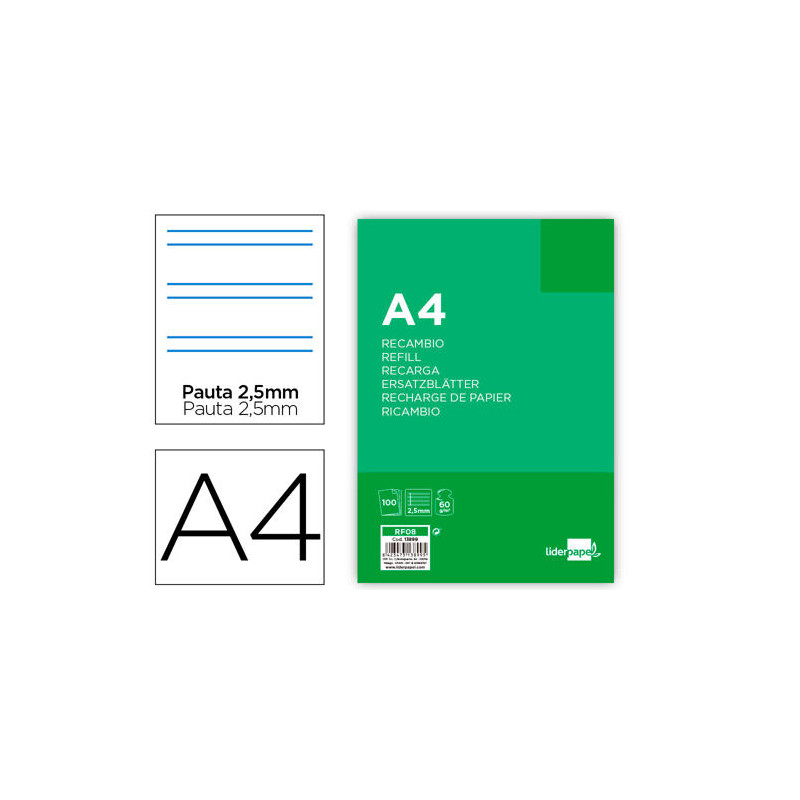RECAMBIO LIDERPAPEL A4 100 HOJAS 60G/M2 PAUTA 5¬ 2.5MM CON MARGEN 4 TALADROS