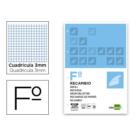 RECAMBIO LIDERPAPEL A4 100 HOJAS 60G/M2 CUADRO 3 MM CON MARGEN 4 TALADROS RECAMBIO LIDERPAPEL A4 100 HOJAS 60G/M2 CUADRO 3 MM CON MARGEN 4 TALADROS