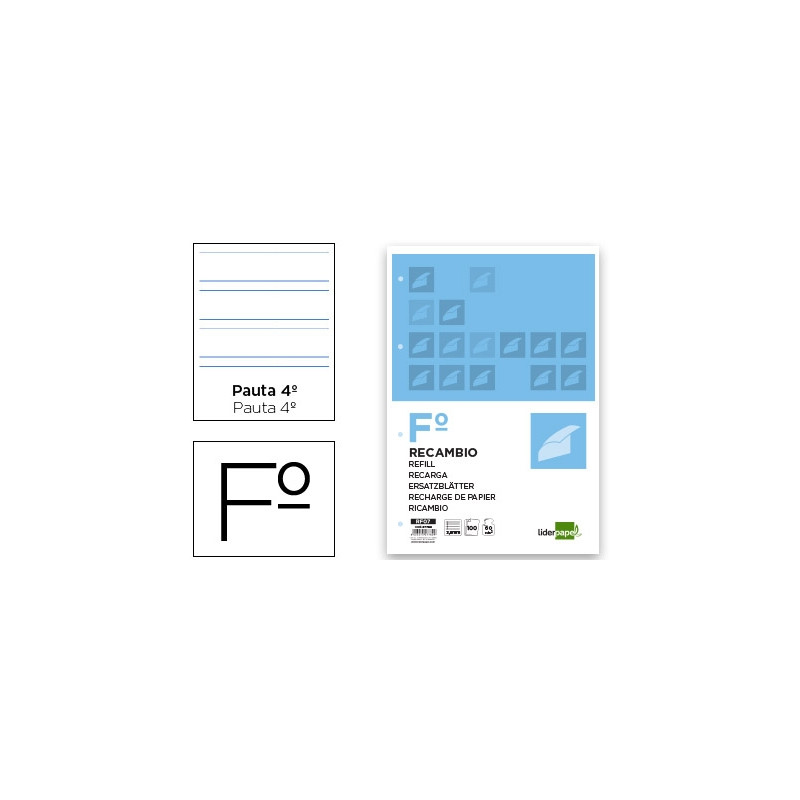 RECAMBIO LIDERPAPEL A4 100 HOJAS 60G/M2 PAUTA 4¬ 3.5MM CON MARGEN 4 TALADROS
