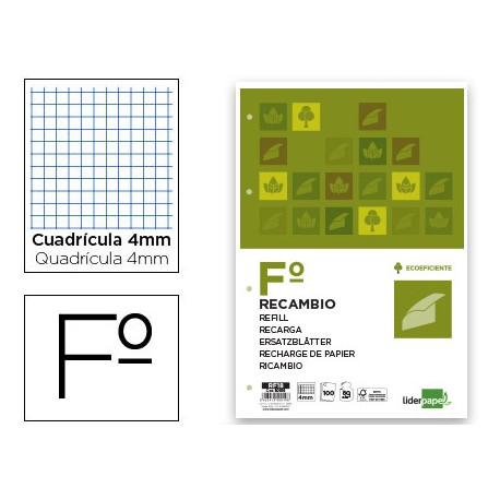 RECAMBIO LIDERPAPEL DIN A4 100 HOJAS 75G/M2 CUADRO 4MM CON MARGEN 4 TALADROS RECAMBIO LIDERPAPEL DIN A4 100 HOJAS 75G/M2 CUADRO 4MM CON MARGEN 4 TALADROS
