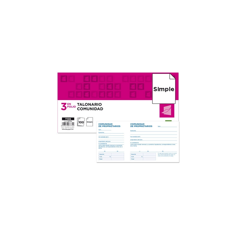 TALONARIO LIDERPAPEL COMUNIDAD TRES DEL FOLIO 106 -CON IVA