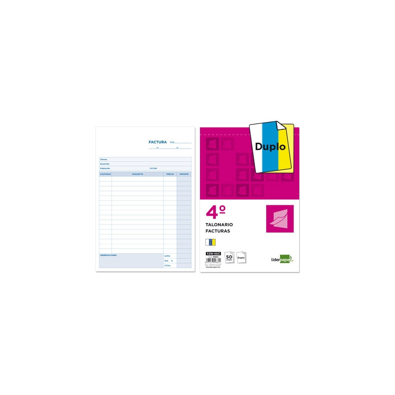 TALONARIO LIDERPAPEL FACTURAS CUARTO ORIGINAL Y COPIA T216 CON I.G.I.C.