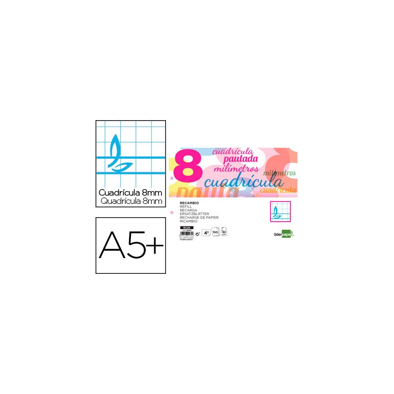 RECAMBIO LIDERPAPEL CUARTO APAISADO PAUTAGUIA 100 HOJAS 75 G CUADRICULADO PAUTADO 8 MM CON MARGEN 2 
