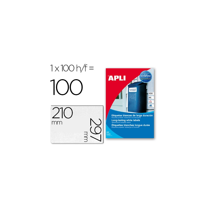 ETIQUETAS ADHESIVAS APLI 12121 TAMAÑO 210X297 MM POLIESTER RESISTENTE A LA INTERPERIE IMPRESION LASE