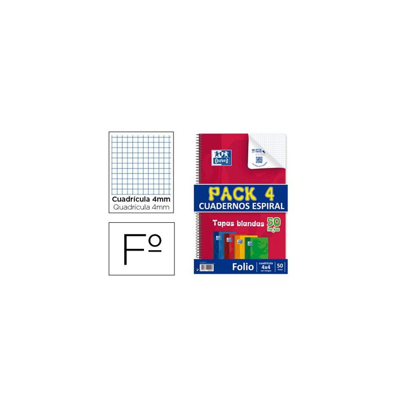 BLOC ESPIRAL OXFORD TAPA FLEXIBLE OPTIK PAPER FOLIO 50 HOJAS 90 GR CUADROS 4 MM PACK DE 4