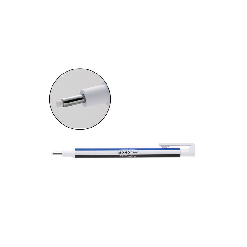 PORTAGOMAS TOMBOW MONO ZERO CON CLIP GOMA REDONDA 2,3 MM DIAMETRO COLOR AZUL BLANCO Y NEGRO