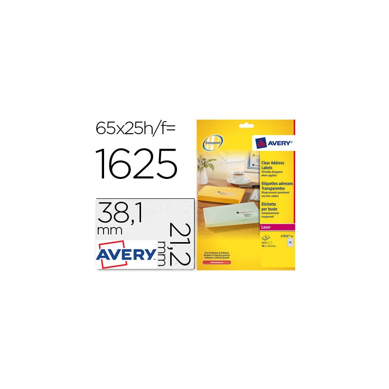 ETIQUETA ADHESIVAS RESISTENTE AVERY TRANSPARENTE 38,1X21,2 MM CAJA DE 1625 UNIDADES
