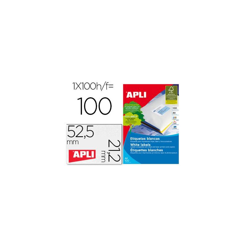 ETIQUETA ADHESIVA APLI 1284 TAMAÑO 52,5 X 21,2 MM PARA FOTOCOPIADORA LASER INK-JET CAJA CON 100 HOJA