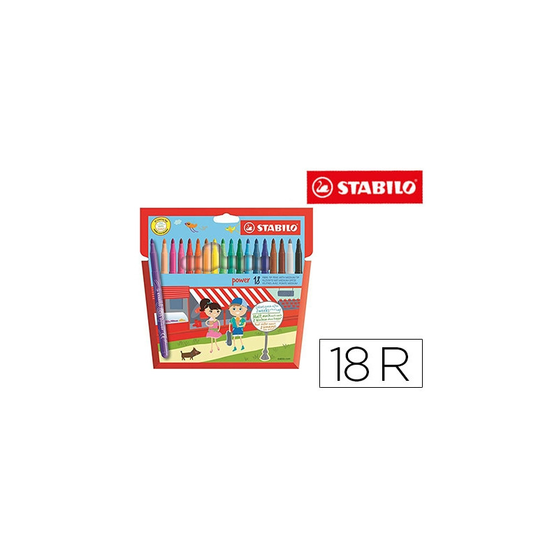 ROTULADOR ESCOLAR STABILO POWE R CAJA DE 18 UNIDADES COLORES SURTIDOS