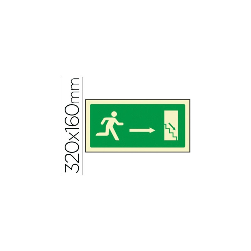 PICTOGRAMA SYSSA SEÑAL DE SALIDA EMERGENCIA DERECHA BAJANDO EN PVC FOTOLUMINISCENTE 320X160 MM