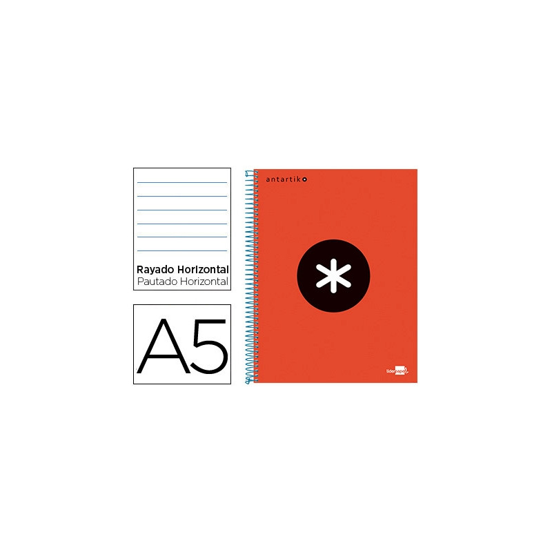 CUADERNO ESPIRAL A5 MICRO ANTARTIK TAPA FORRADA 120H 90 GR HORIZONTAL 5 BANDAS 6 TALADROS COLOR ROJO