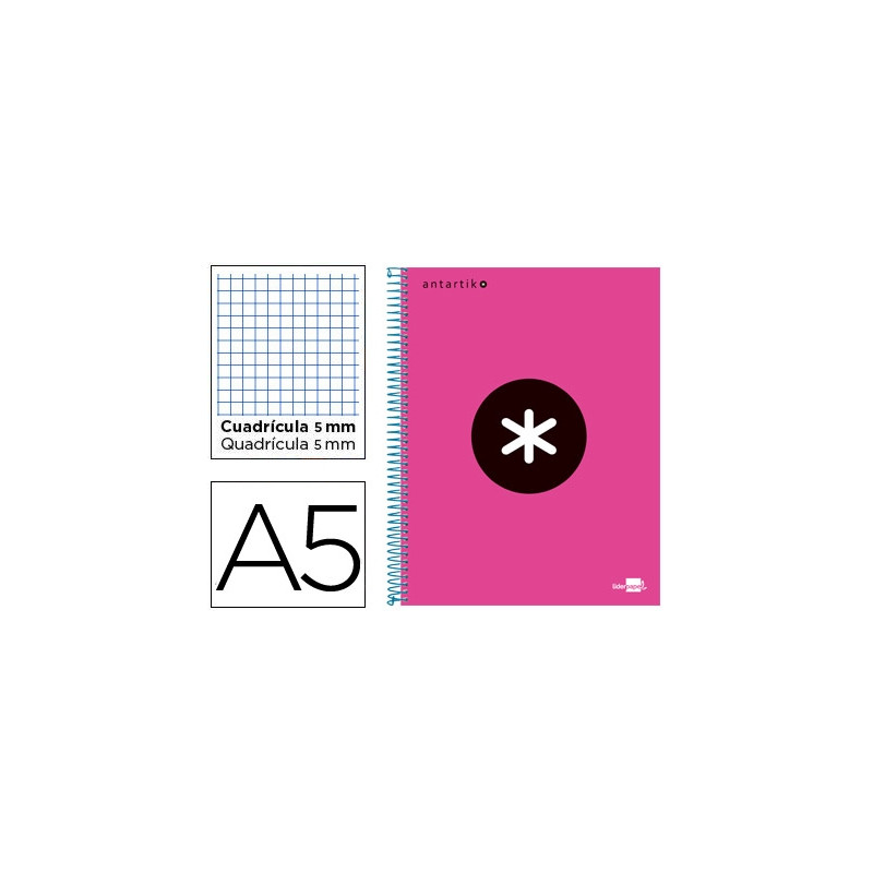 CUADERNO ESPIRAL A5 MICRO ANTARTIK TAPA FORRADA 120H 90 GR CUADRO 5MM 5 BANDA S 6 TALADROS COLOR ROS
