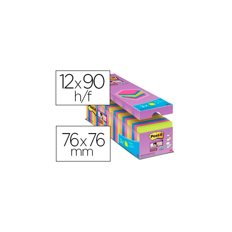 BLOC DE NOTAS ADHESIVAS QUITA Y PON POST-IT SUPER STICKY 76X76 MM 90 HOJAS COLORES SURTIDOS PACK DE 