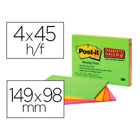 BLOC DE NOTAS ADHESIVAS QUITA Y PON POST-IT SUPER STICKY 152X101 MM CON 45 HOJAS PACK DE 4 UNIDADES BLOC DE NOTAS ADHESIVAS QUITA Y PON POST-IT SUPER STICKY 152X101 MM CON 45 HOJAS PACK DE 4 UNIDADES