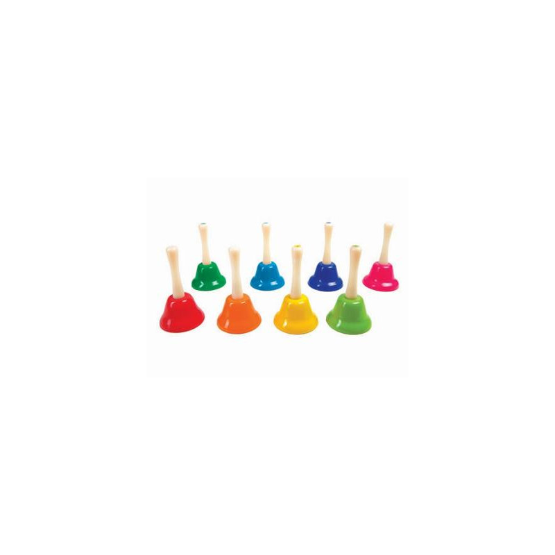 CAMPANITA PEQUEÑA AMAYA DE MANO CON MANGO TRADICIONAL ESCALA DIATONICA SET DE 8 UNIDADES COLORES SUR