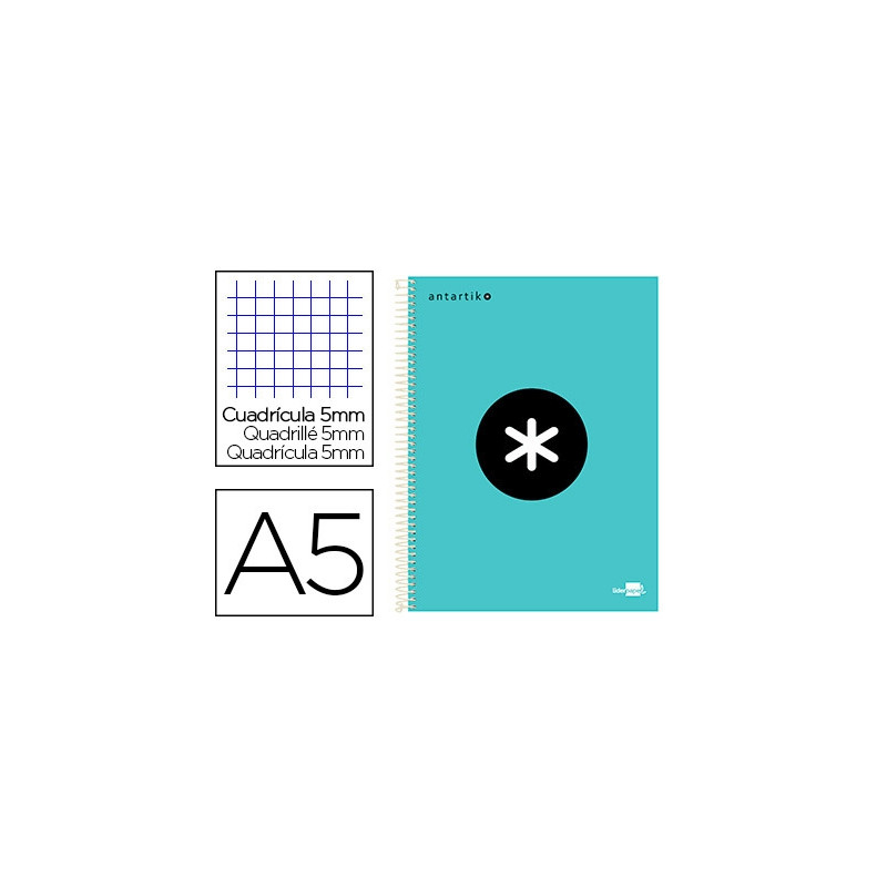 CUADERNO ESPIRAL A5 MICRO ANTARTIK TAPA FORRADA120H 90 GR CUADRO 5 MM 5 BANDA6 TALADROS COLOR MENTA