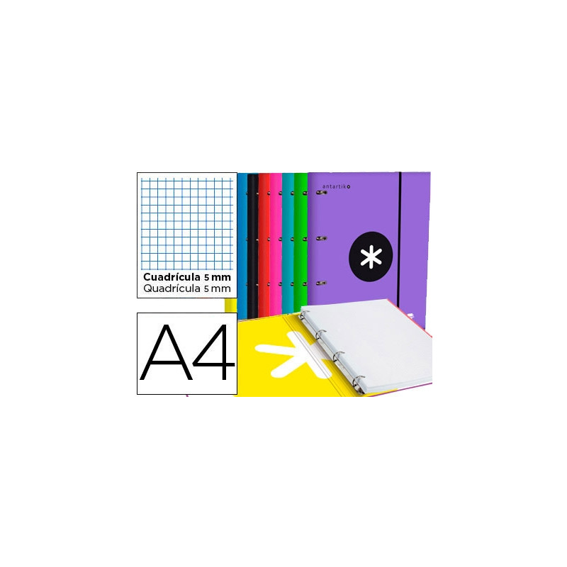 CARPETA CON RECAMBIO ANTARTIK A4 CUADRO 5MM FORRADA 4 ANILLAS 40MM REDONDAS CON SOLAPA COLORES SURTI
