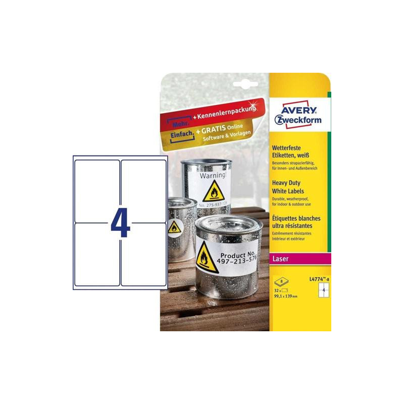 ETIQUETA ADHESIVA RESISTENTE AVERY POLIESTER BLANCO 99,1X139 MM PARA IMPRESORA LASER PACK DE 32 UNID