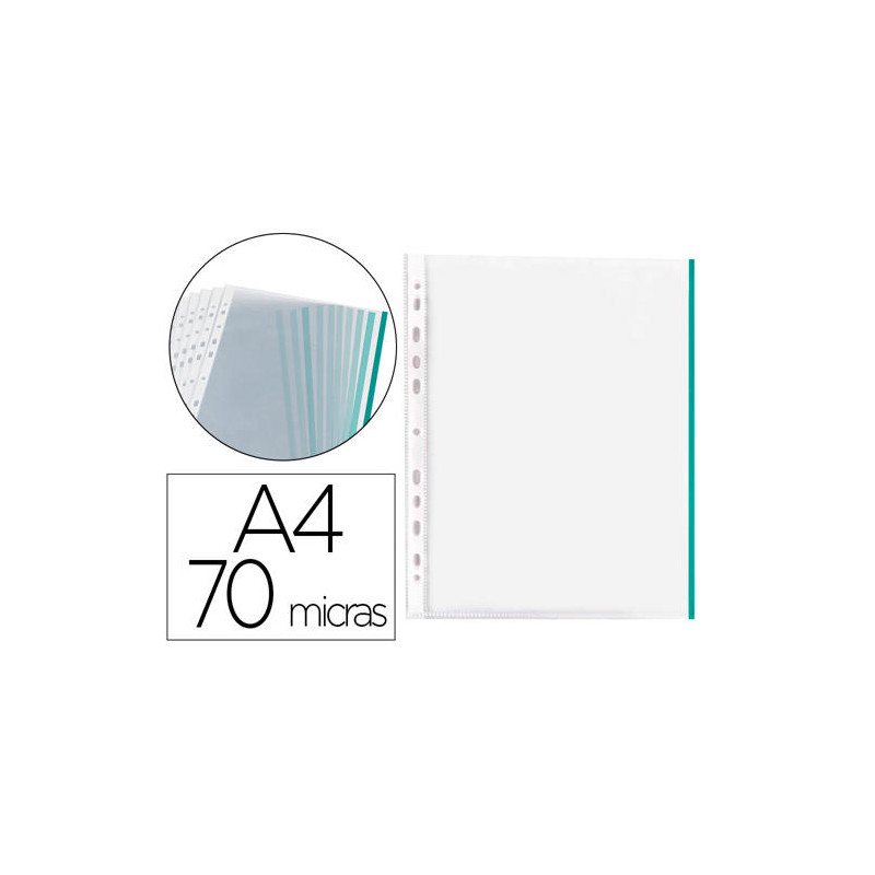 FUNDA MULTITALADRO Q-CONNECT DIN A4 70 MC PP CRISTAL CON BORDE VERDE BOLSA DE 10 UNIDADES