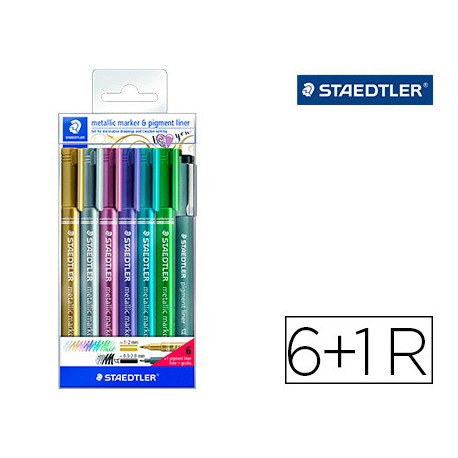 ROTULADOR STAEDTLER METALICO 8323 BLISTER DE 6 UNIDADES COLORES SURTIDOS + 1 ROTULADOR CALIBRADO 308 ROTULADOR STAEDTLER METALICO 8323 BLISTER DE 6 UNIDADES COLORES SURTIDOS + 1 ROTULADOR CALIBRADO 308