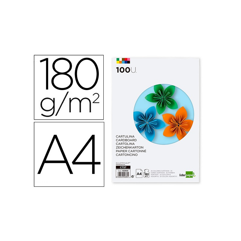 CARTULINA LIDERPAPEL A4 180G/M2 25 COLORES SURTIDOS PAQUETE DE 100 HOJAS