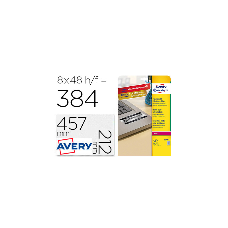 ETIQUETA ADHESIVA RESISTENTE AVERY POLIESTER PLATA 45,7X21,2 MM LASER PACK DE 8 UNIDADES